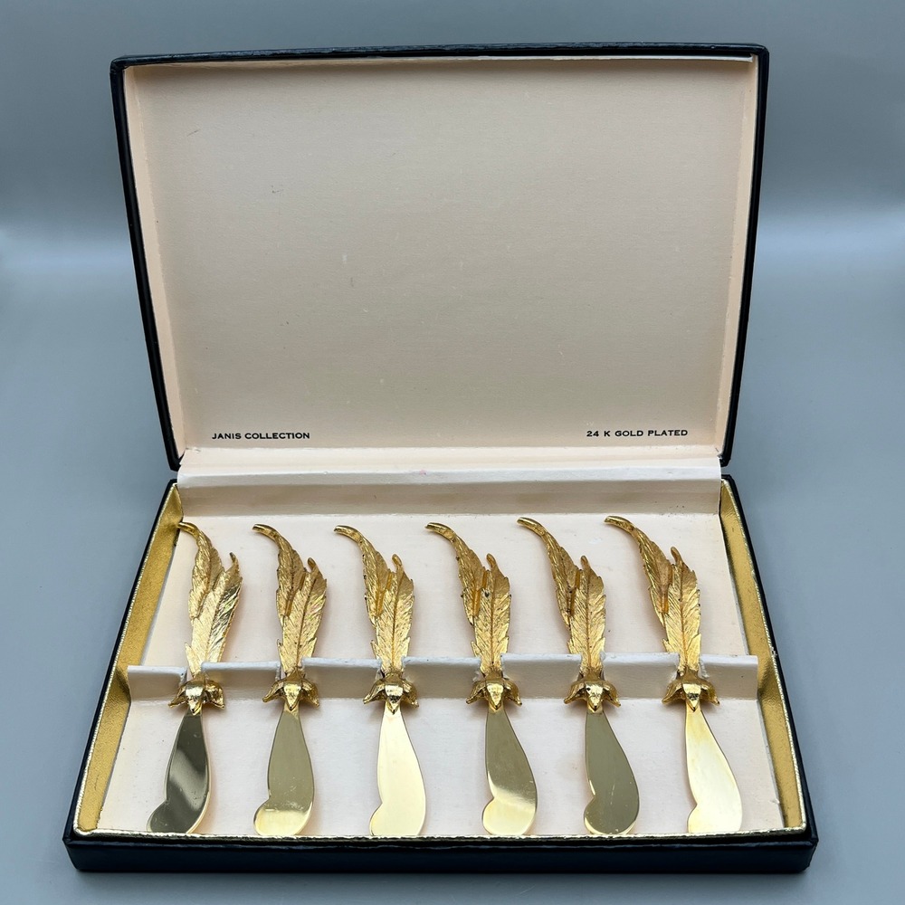 Janis Collection 24K Gold Plated Feather Butter Spreader Set of 6 Vtg Boxed
